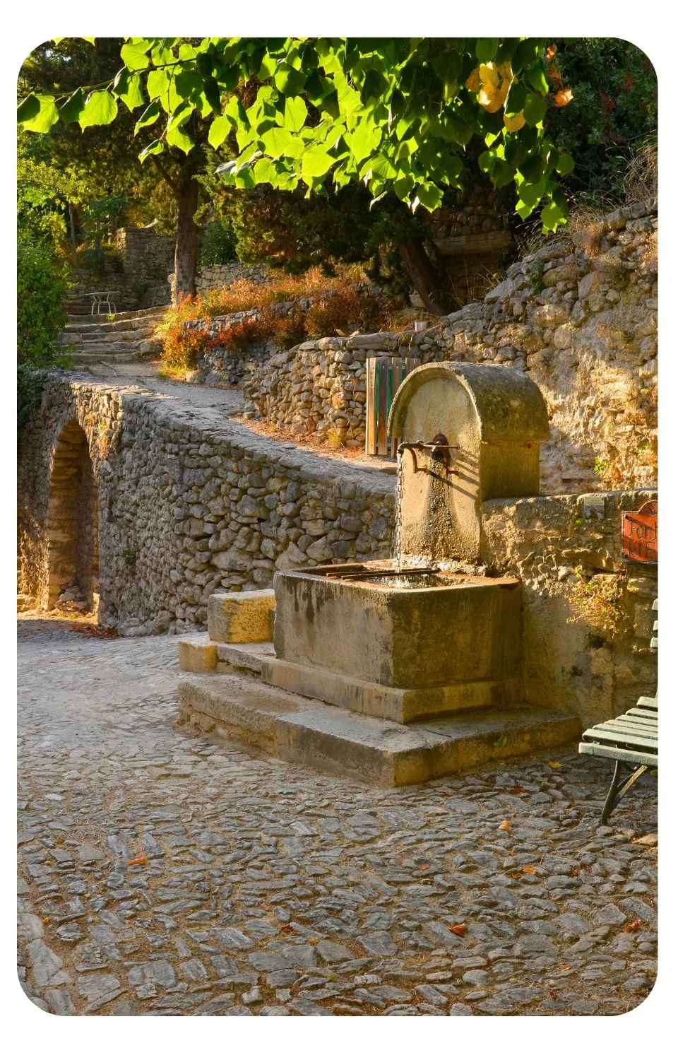 Fontaine en pierre sur une place pavée, au pied d’un mur et sous le feuillage d’un arbre.